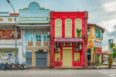 Georgetown, Penang, Malezya - 9 Aralık 2017: Eski sömürge evleri tarihi şehir Georgetown Malezya cephe.