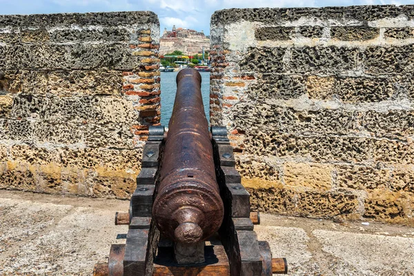 Close Cannon Fortified Walls Cartagena Indias Colombia Castillo San Felipe — Stock Photo, Image
