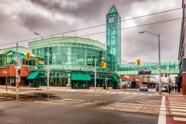 Kitchener, Canada - March 20, 2020:  View at Market Square, a failed urban mall on the corner of Frederick St. and King St East in Kitchener, Ontario, Canada. clipart