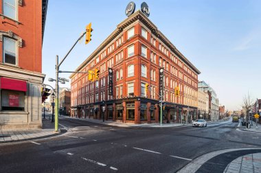 Kitchener, Canada - March 26, 2020: View at the historic Walper Hotel located at main intersection of King St. and Queen St. in downtown of Kitchener, Ontario, Canada clipart