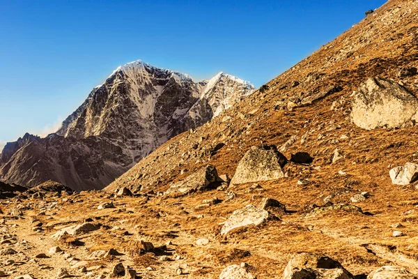 观赏风景秀丽的山谷和喜马拉雅山脉的峰顶 位于珠穆朗玛峰基地营地与戈里克谢普之间的长途跋涉 — 图库照片