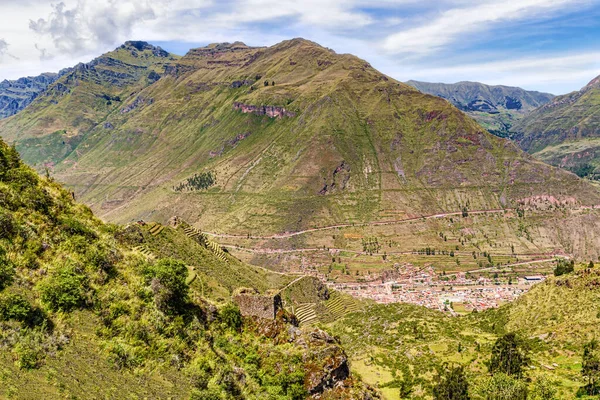 Flygfoto Över Sacred Valley Incas Och Staden Pisaq Sett Från — Stockfoto