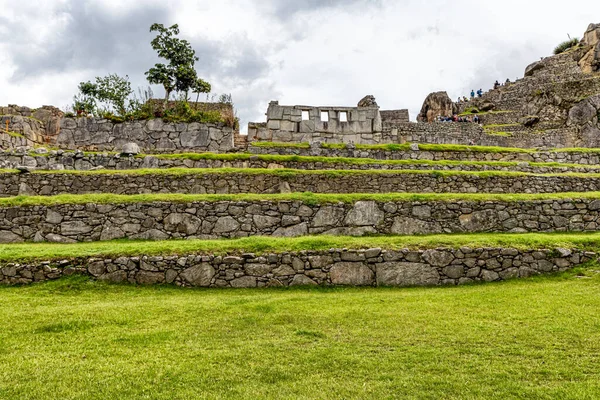 Vista Terrazas Templo Las Tres Ventanas Antigua Ciudad Incas Machu —  Fotos de Stock