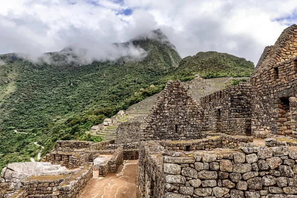 Vista Los Edificios Casas Estructuras Antigua Ciudad Inca Machu Picchu — Foto de Stock