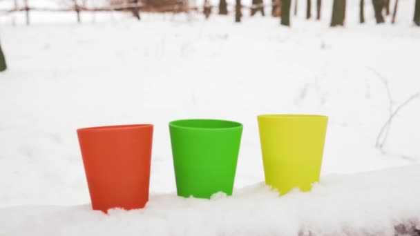 Close-up Hands of a Man and a Woman Take Glasses with Hot Coffee Standing in the Snow — Stock Footage Close-up Hands of a Man and a Woman Take Glasses with Hot Coffee Standing in the Snow Royalty Free Stock Footage