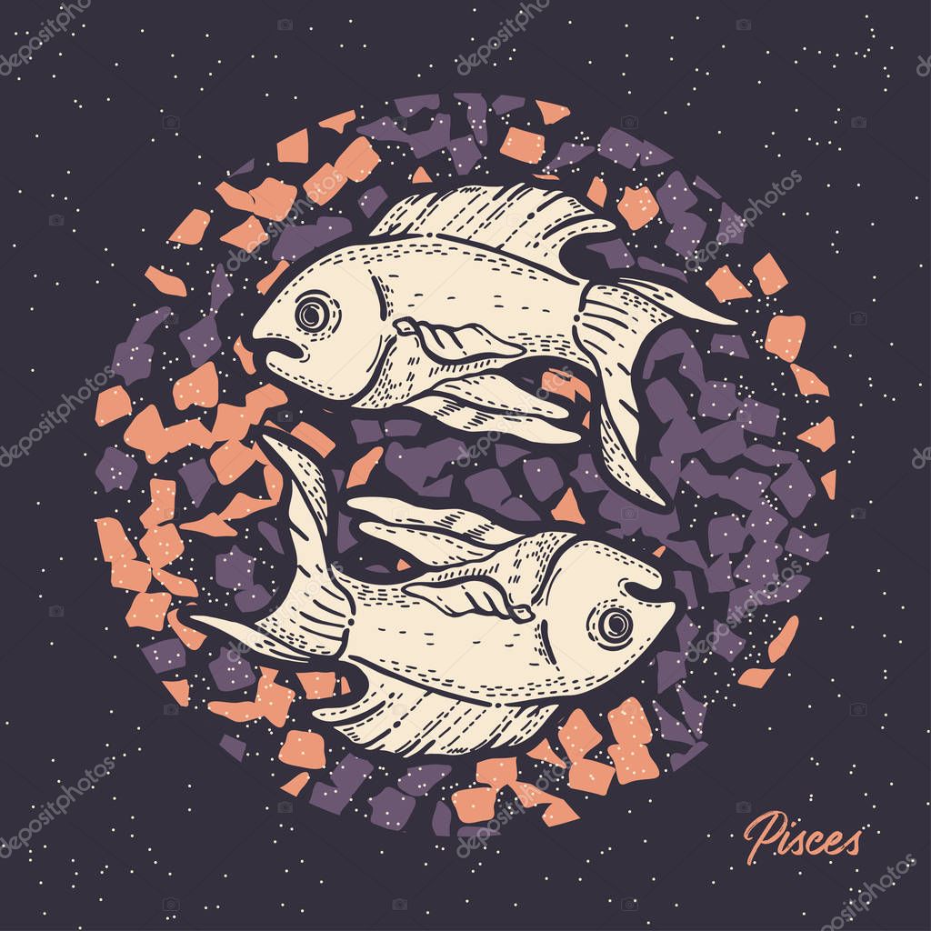 Pisces zodiac sign. The symbol of the astrological horoscope. Hand-drawn illustration.
