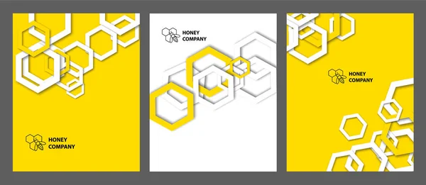 Bakgrund med honeycombs. Uppsättning av mallar för omslag, reklamblad, banderoller och affischer. — Stock vektor