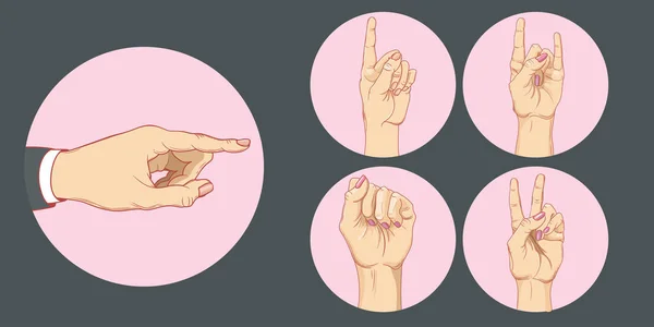 A set of different poses of human hands.A human hand with a raised index finger. Hand gesture - pointing. Fist and peace. Realistic vector illustration. — Stock Vector