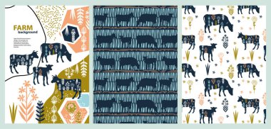 Tarımsal broşür düzeni tasarımı. Sığır çiftliği için bir zemin örneği. Geometrik kompozisyon. Kapaklar, el ilanları, afişler için arka plan.