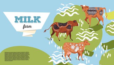 Horizontal banner with the image of cows and geometric shapes for the background of the cover. clipart