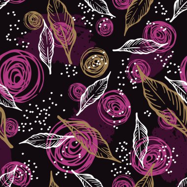 Yapraklar ve soyut figürler ile dikişsiz desen.