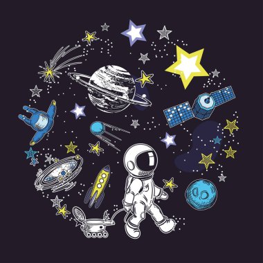 Kozmik öğelerin görüntüsü ile kare kart şablonu. Ay gezgini, galaksisi, Satürn ve uzay uydusu olan astronot. Dairesel kompozisyon. Uzay nesneleri.