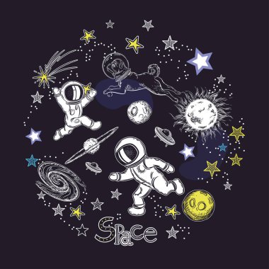 Kozmik öğelerin görüntüsü ile kare kart şablonu. Uzay nesneleri. Astronotlar futbol oynuyor