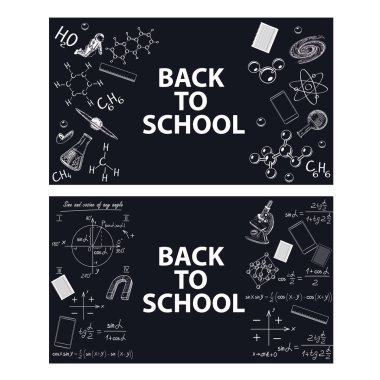 Tebeşir panosundaki eğitim araçları nın ve formüllerinin görüntüleri.