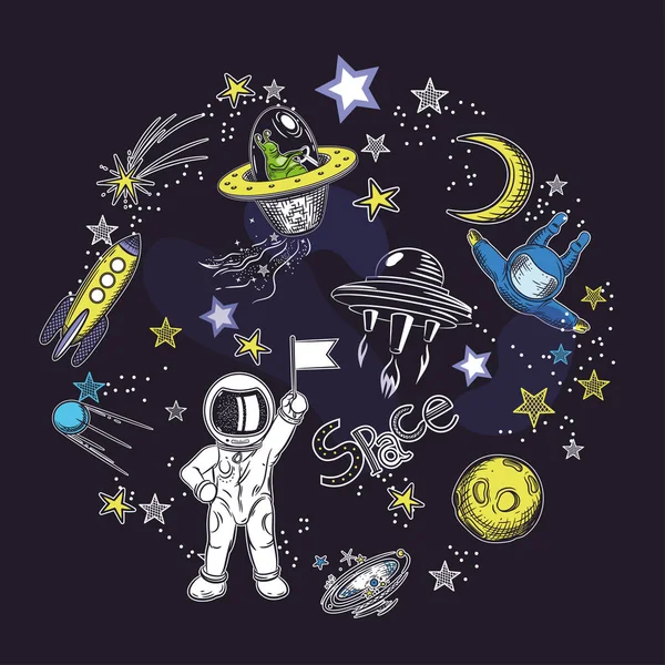 Plantilla de tarjeta cuadrada con la imagen de elementos cósmicos. Extraterrestre, astronauta con bandera, galaxia y platillos voladores. Composición circular. Objetos espaciales . — Vector de stock