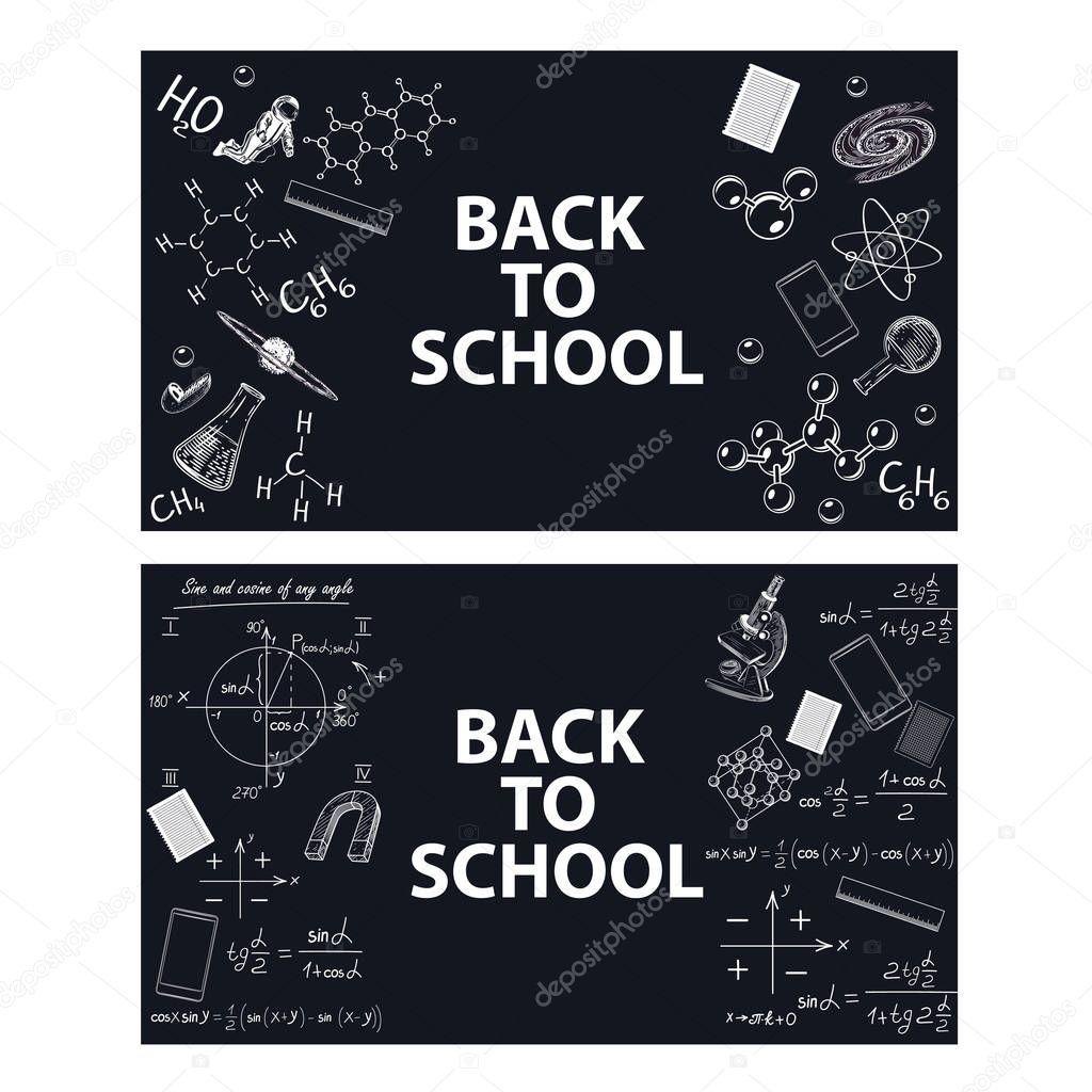 Images of educational tools and formulas on a chalk board.