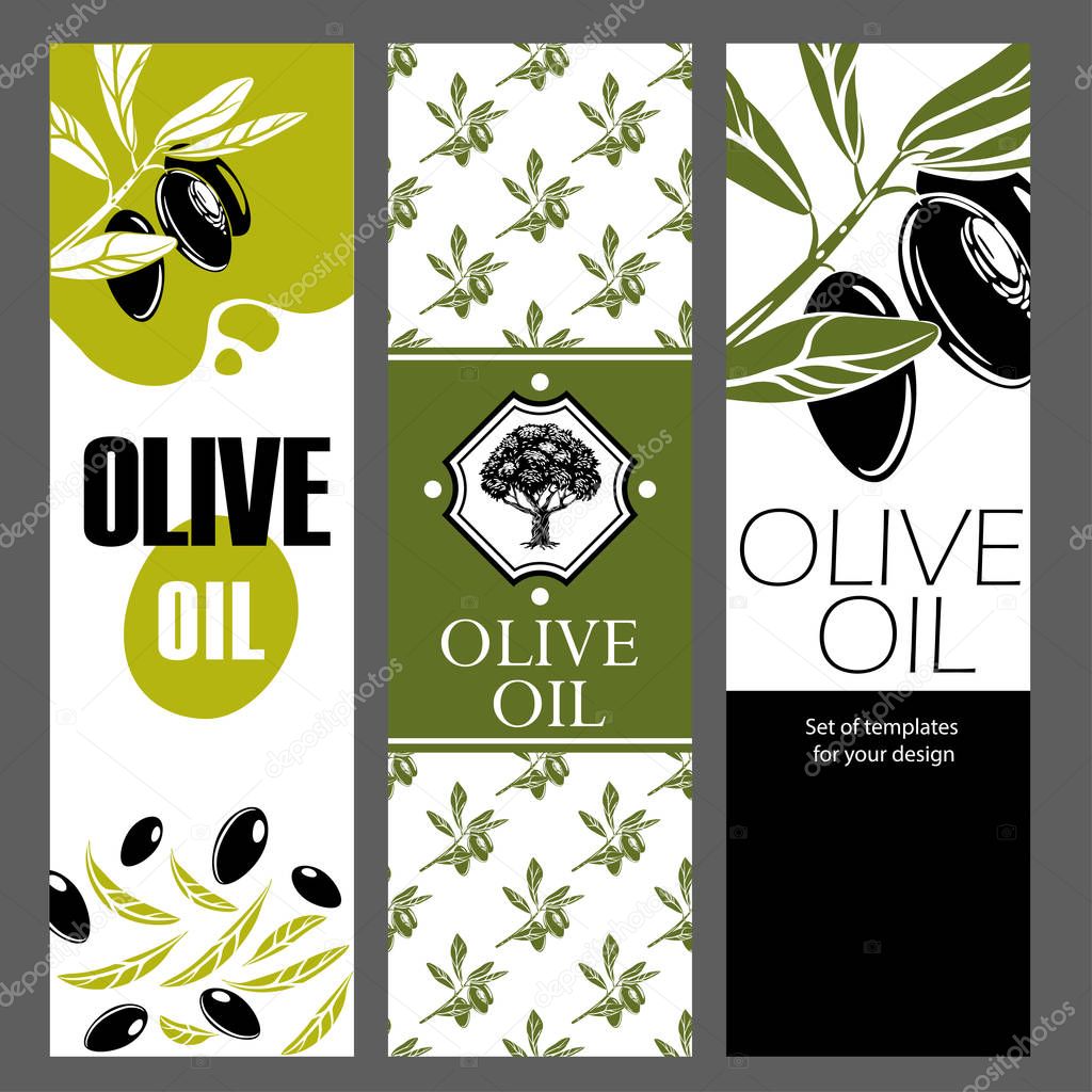 Set of templates for olive oil. Hand drawn vector illustrations.