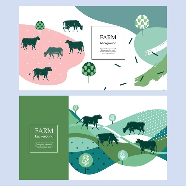Horizontale landwirtschaftliche Fahne. Hintergrund für Cover, Flyer, Banner. Silhouetten von Kühen. — Stockvektor