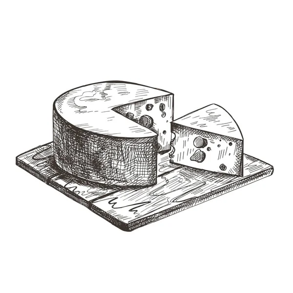 Le fromage repose sur une planche à découper en bois. Illustration rétro vectorielle. — Image vectorielle