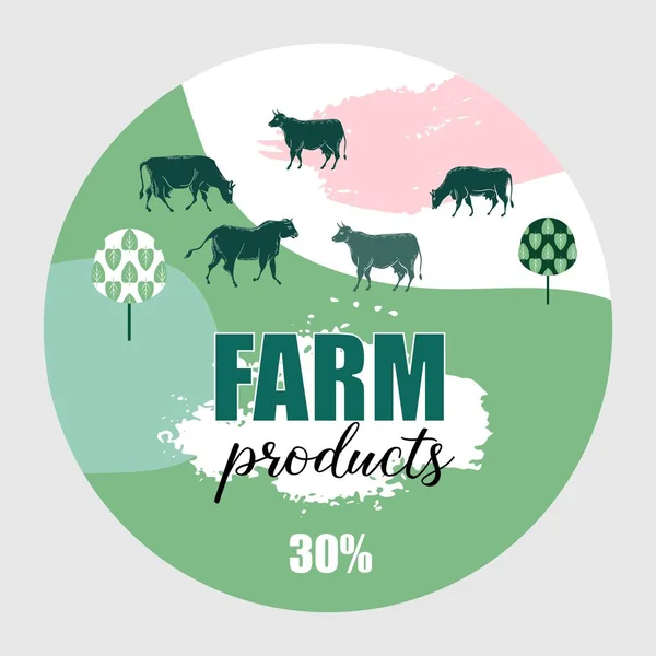 As vacas pastam no prado. Fundo redondo para a concepção de produtos agrícolas . — Vetor de Stock