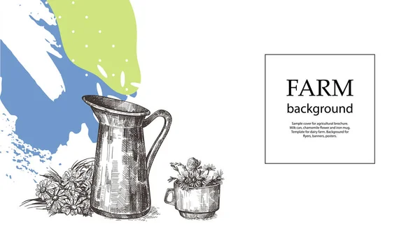 农业手册的样本封面。壶,杯子和一束野花。奶牛场模板。传单、横幅、海报背景. — 图库矢量图片