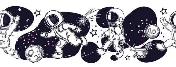Conjunto de imágenes de astronautas. Los astronautas están jugando fútbol, pesca, volar en un globo . — Archivo Imágenes Vectoriales