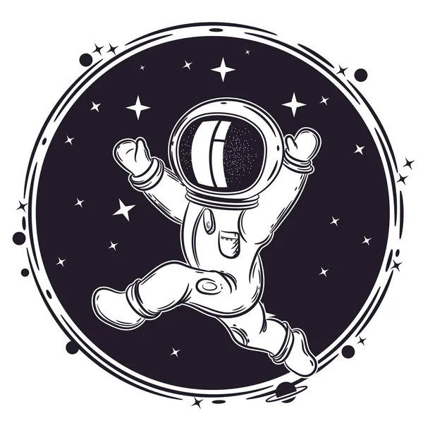 Ο αστροναύτης τρέχει στο διάστημα. Στρογγυλό έμβλημα. Εικόνα για το θέμα της αστρονομίας. — Διανυσματικό Αρχείο