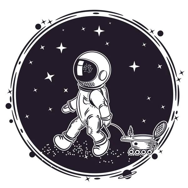 The astronaut is driving a lunar rover. Vector illustration on a theme of astronomy. Round emblem. — Stock Vector