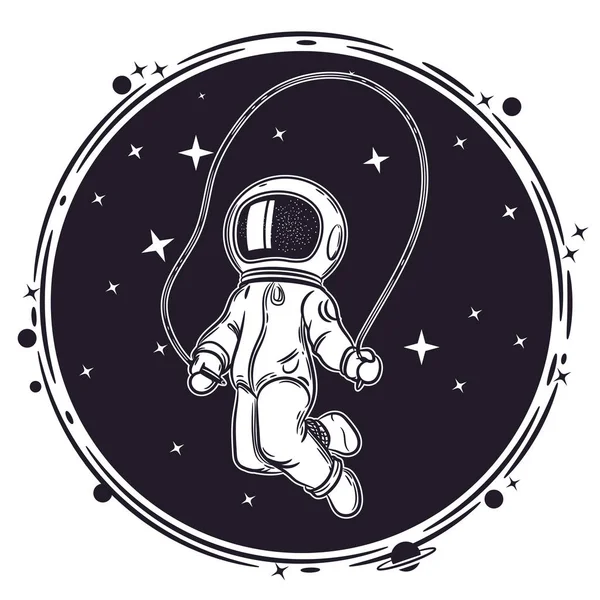 Ο αστροναύτης πηδάει με ένα σκοινί. Εικόνα διανύσματος διαστήματος. Εικόνα για το θέμα της αστρονομίας. — Διανυσματικό Αρχείο