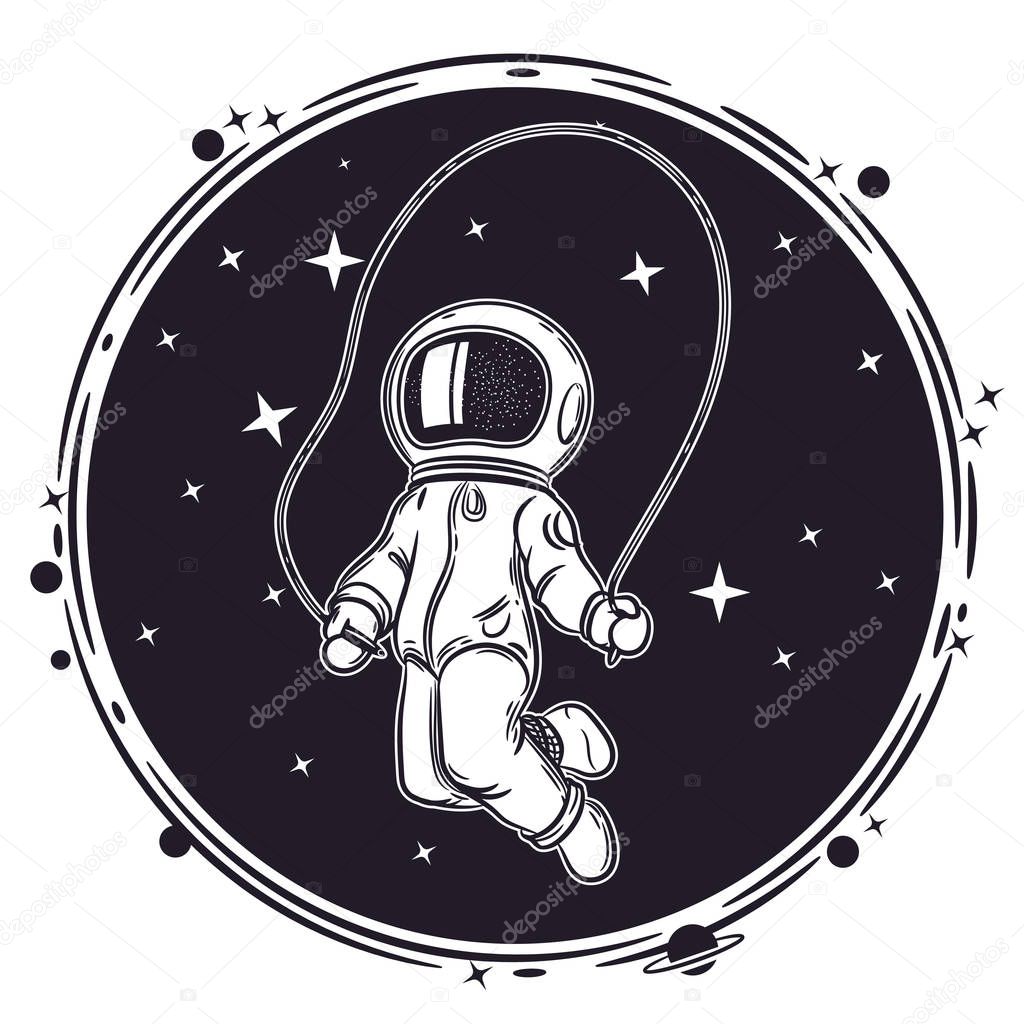 Astronaut jumps with a skipping rope. Space Vector Illustration. Illustration on the theme of astronomy.