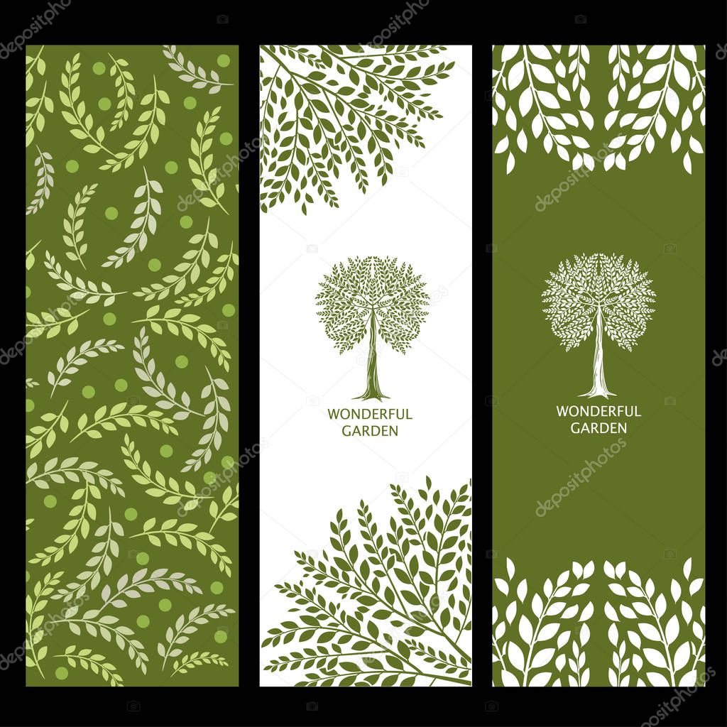 Backgrounds with trees. Wonderful garden. Plant elements for landscape design. Set of agricultural banners.