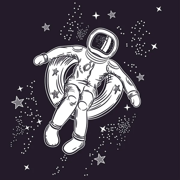 De astronaut zweeft in de ruimte op een opblaasbare cirkel. Vector illustratie op een thema van de astronomie — Stockvector