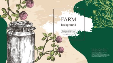 Yatay tarım afişi. Süt ve çayır çiçekleri. Süt çiftliği için şablon.