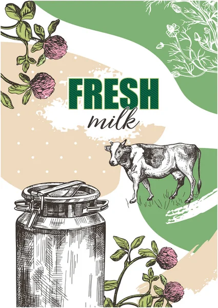 Beispielhülle für landwirtschaftliche Broschüren. Milchkanne, Kuh- und Wiesenblumen. Vorlage für Milchviehbetrieb. Hintergrund für Flyer, Banner, Plakate. Skizze Vektor Illustration. — Stockvektor