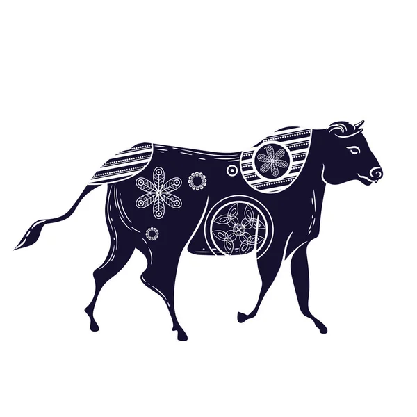 Toro con patrón floral. Imagen vectorial. Bovinos de cuernos — Vector de stock