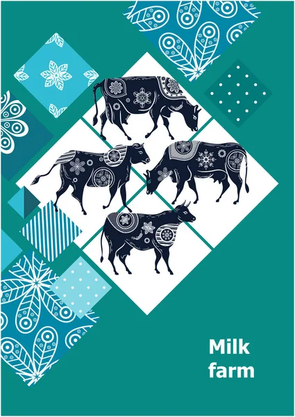 Дизайн сельскохозяйственной брошюры. Пример фона для животноводческой фермы. Силуэты коров с цветочным орнаментом. Геометрическая композиция . — стоковый вектор