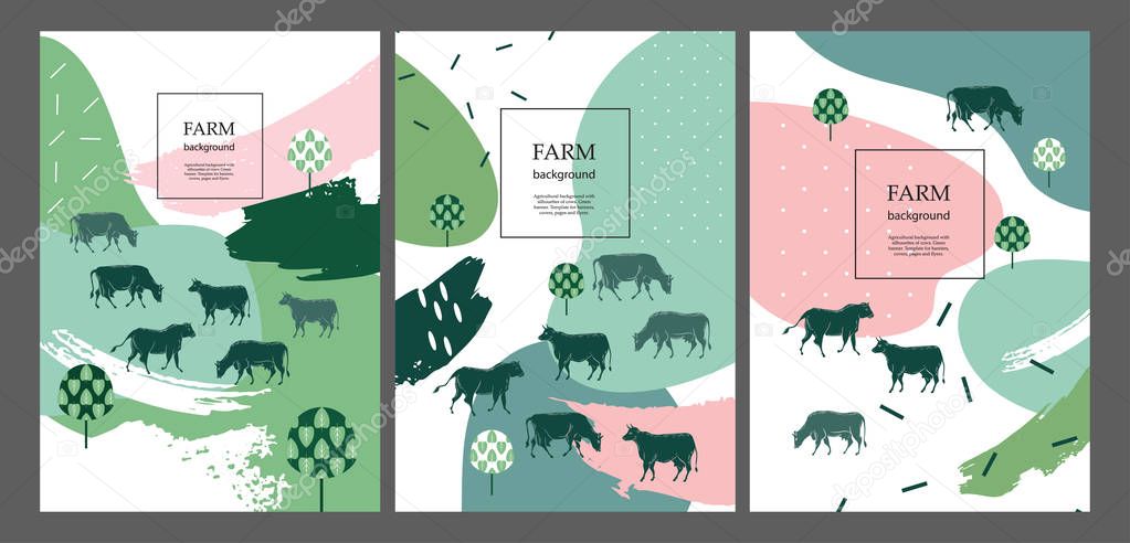 Agricultural brochure layout design. An example of a backdrop for cattle farm. Silhouettes of cows. Geometrical composition. Background for covers, flyers, banners.