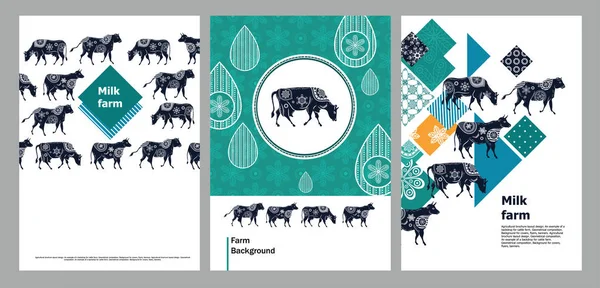 Agricultural brochure layout design. An example of a backdrop for cattle farm. Silhouettes of cows with floral ornament. Geometrical composition. Background for covers, flyers, banners. — Stock Vector