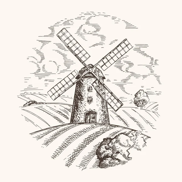 Landelijk landschap met een molen en een veld. Hand getekende afbeelding. — Stockvector