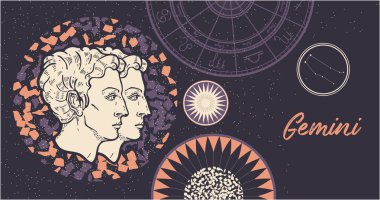 Burcu İkizler. Astrolojik burç sembolü. Elle çizilmiş illüstrasyon. Yatay afiş. Kartpostal, broşür, sayfa, kitapçık şablonu.