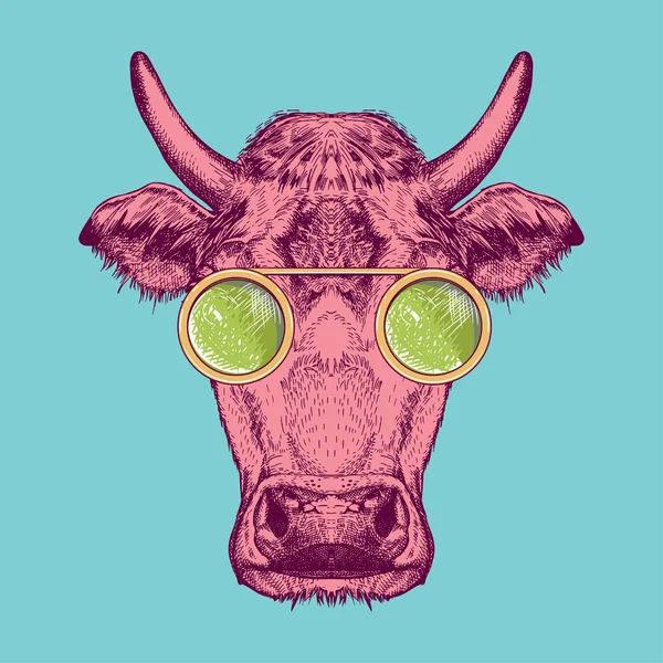 Vektorový Obraz Krávy Brýlemi Kráva Namalovaná Růžově Tyrkysové Pozadí Surrealismus — Stockový vektor