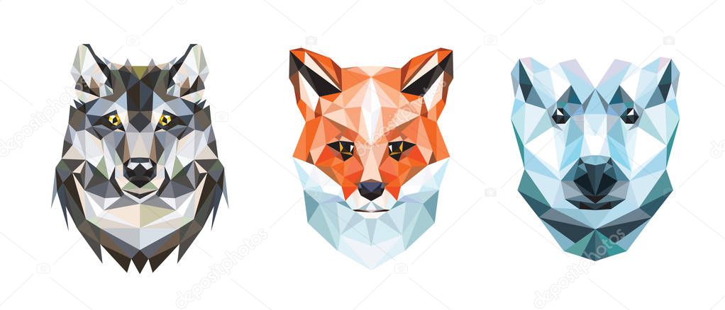 Polygonal portraits of fox, wolf and polar bear. Set of illustrations. Vector graphics. Portrait of triangles.