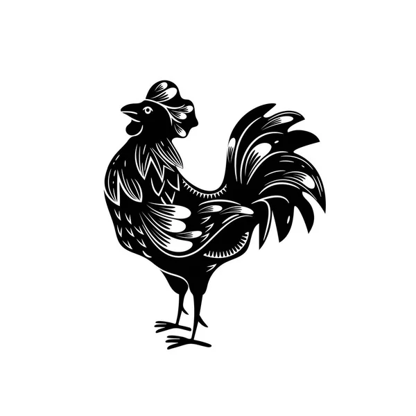 Signe du zodiaque chinois année du coq. Coq noir avec ornement blanc. Zodiaque — Image vectorielle