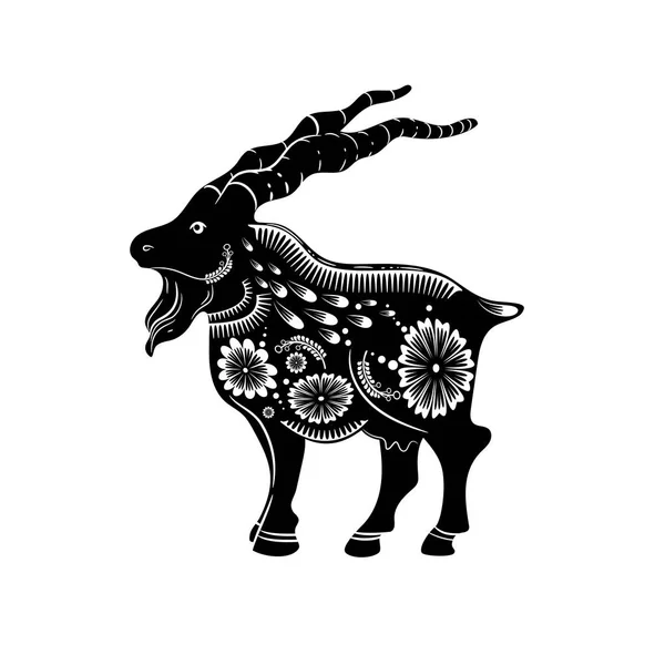 Chinese dierenriem teken van het jaar van de geit. Zwarte geit met witte ornament. Dierenriem dier — Stockvector