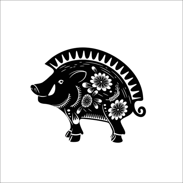 Китайский символ зодиака года свиньи. Черная свинья с белым орнаментом . — стоковый вектор
