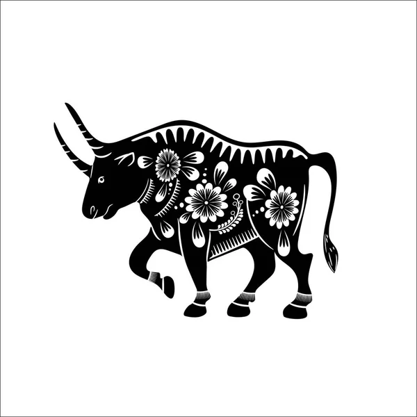 Symbole chinois du zodiaque de l'année du taureau. Taureau noir avec ornement blanc . — Image vectorielle