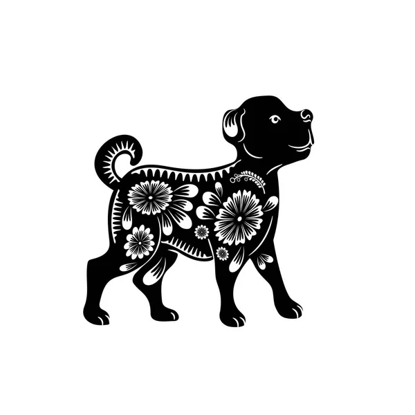 Zodiac chinezesc. Câine negru cu ornament alb . — Vector de stoc