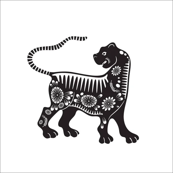 Chinesisches Tierkreiszeichen des Jahres des Tigers. schwarzer Tiger mit weißem Ornament. — Stockvektor