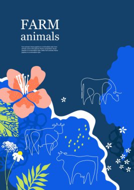 Tarımsal geçmişi. Otlaktaki inekler. Tek çizgi çizimi.