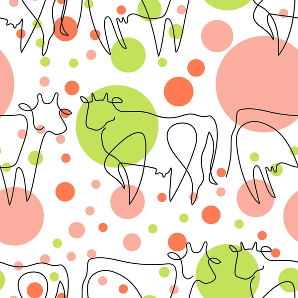 Seamless pattern with cows and circles. Farm animal.
